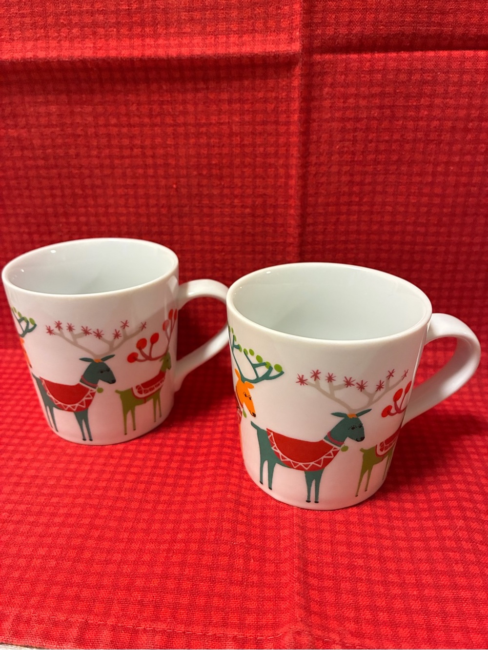 Set of 2 Crate & Barrel Jenny Bowers 2014 Christmas Reindeer & Sleigh Mugs
